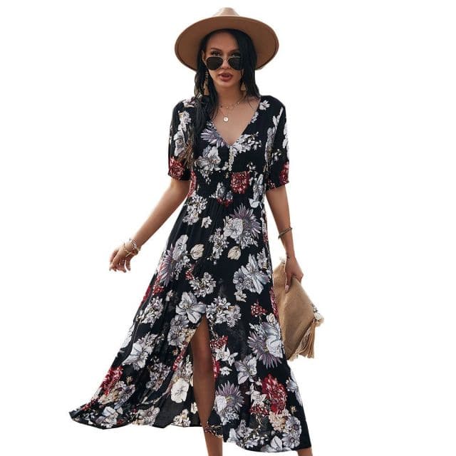 Beach Boho Print Maxi Split Dress