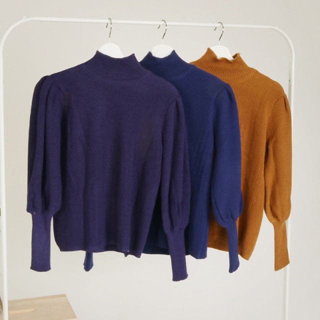 Stylish Retro Solid Semi-High Collar Lantern Sleeve Bottom Sweate