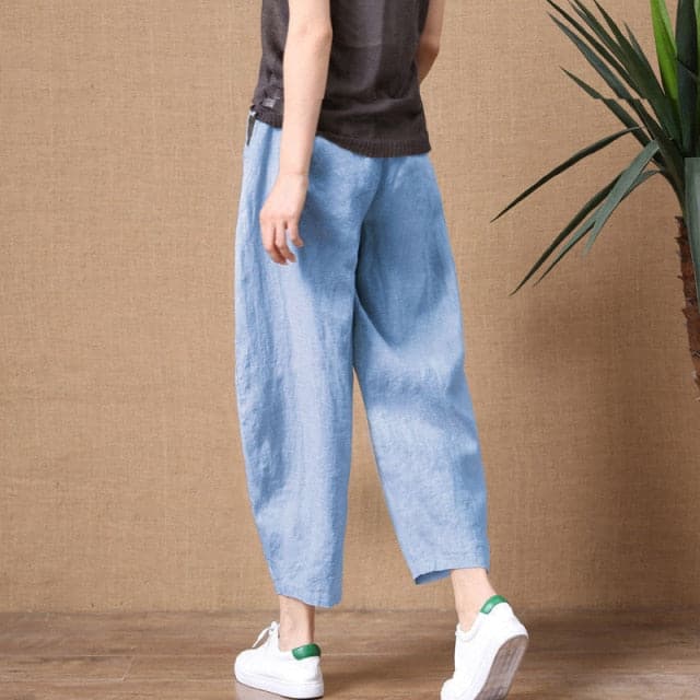 ShiMai Women's Cotton Linen Pants Elastic Waist Vintage Trousers Lady Loose Casual Pants S-2XL Retro Literary Cotton Trousers