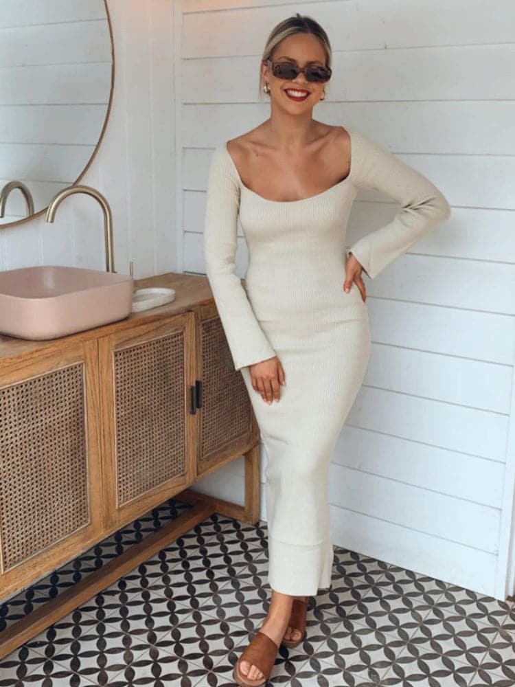 Square Neck Long Sleeve Soft Sweater Dress