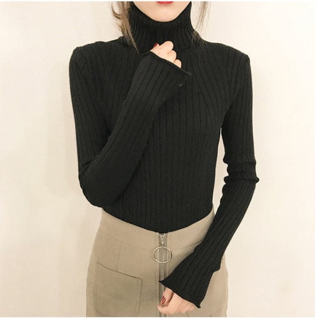 High-Collar Striped Knit Bottom Sweater
