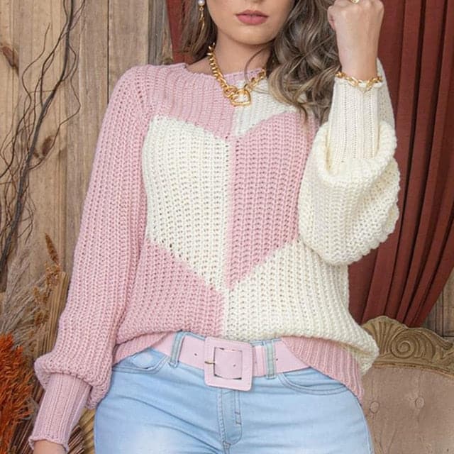 Elegant O Neck Love Print Patchwork Knitted Sweater