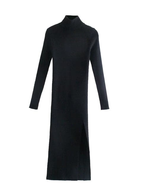 Long Sleeves High-Neck Elastic Midi Dress