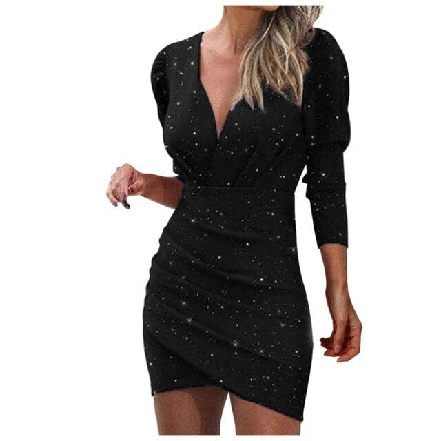 Silver Glitter Dress Deep V Neck Sequins Plunge Ruched Long Sleeve Bodycon Dress Slim Nightclub Mini Party Dress