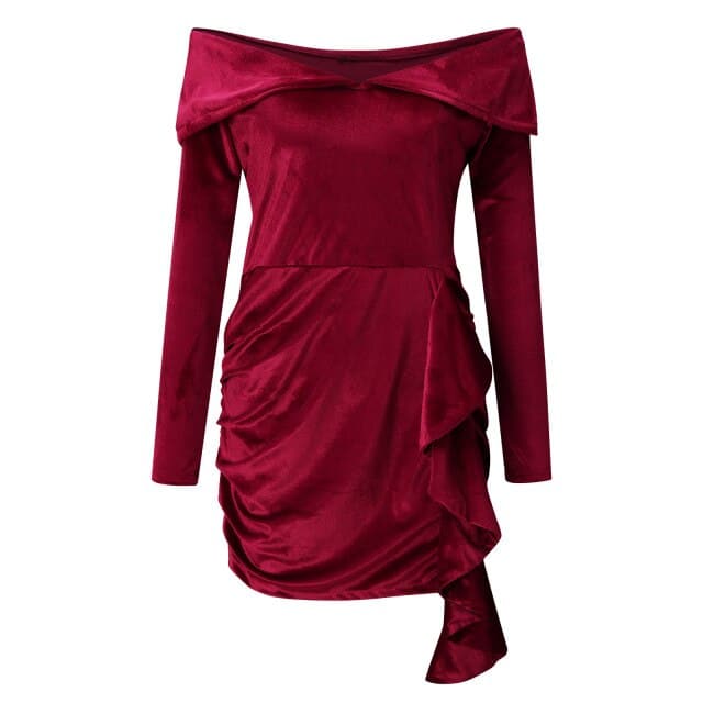 Velvet New Year Party Dress High Waist Draped Bodycon Dress Pure Color Off Shoulder Mini Dress
