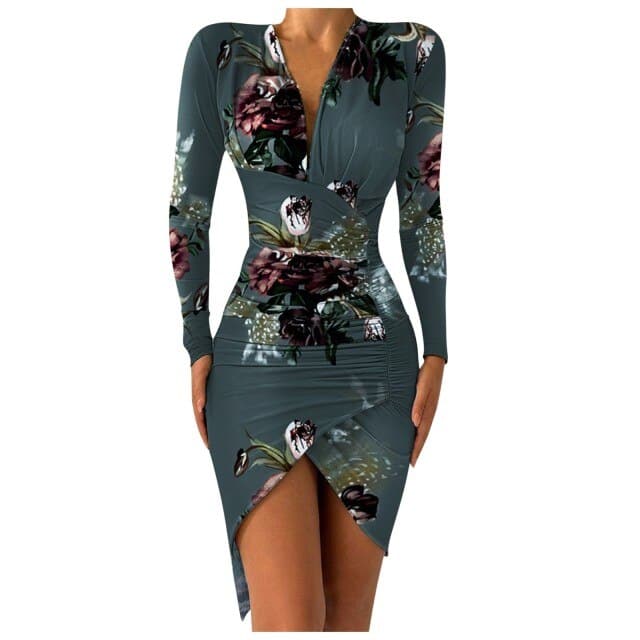Flower Print Bodycon Dress Deep V-neck Sheath Long Sleeve Irregular Hem Party Banquet Dress Slim Bag Hip Dresses