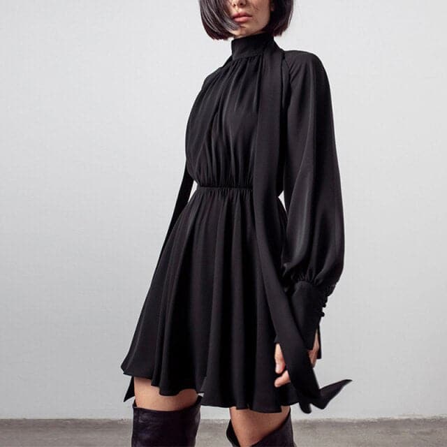 Classic Half High Collar Solid Long-sleeve Chiffon Dresses