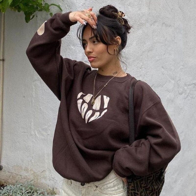 Oversized Hoodie Letter Heart Printed Fashion Sweatshirt Crewneck Long Sleeve Casual Pullovers Autumn Pullovers