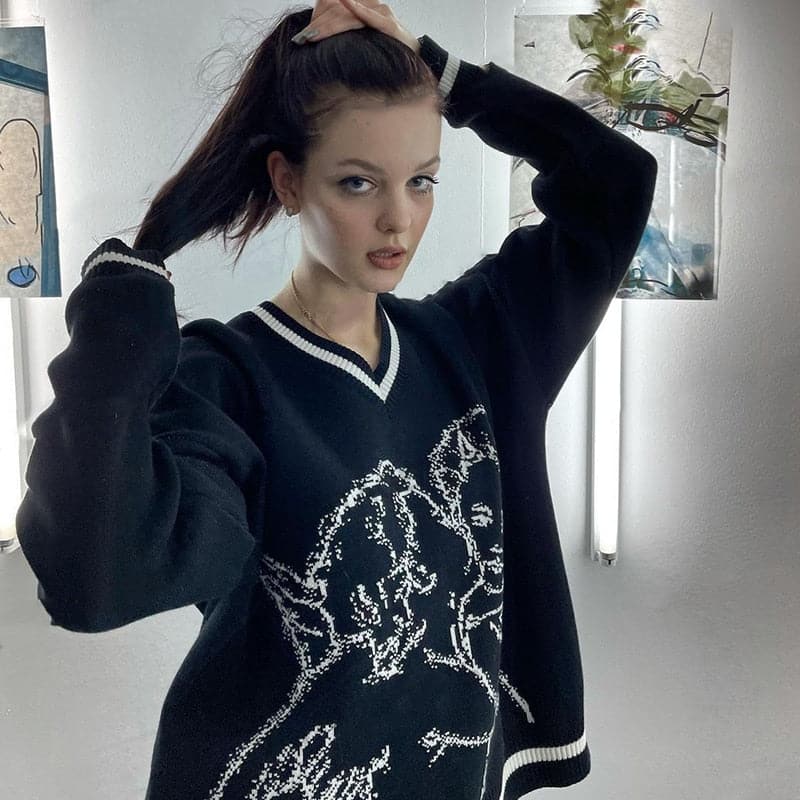 Sweaters Streetwear Knitted Pullover Cupid Jacquard Fashion Hip Hop Spring Autumn Harajuku Oversized Loose Outwear Jumper