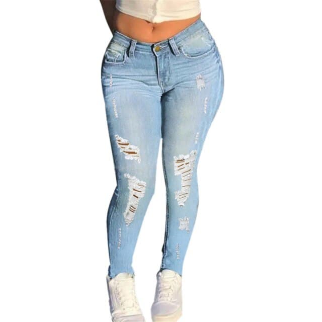 Women's Ripped Jeans High Waist Stretch Skinny Denim Trousers Blue Retro Washed Fashion Elastic Slim Pencil Pants