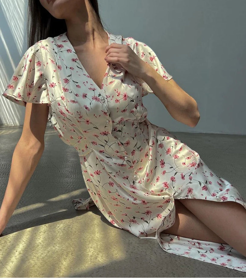 V-neck Short Sleeve Midi Floral Dress