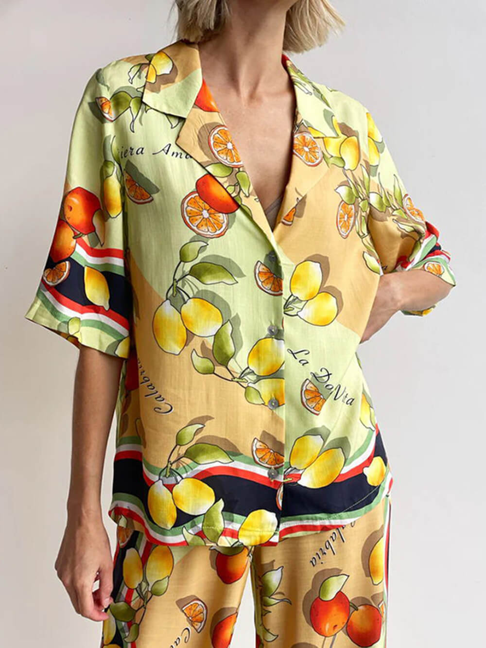 Modern Lemon Print Cardigan Single Breasted Lapel Pant Set