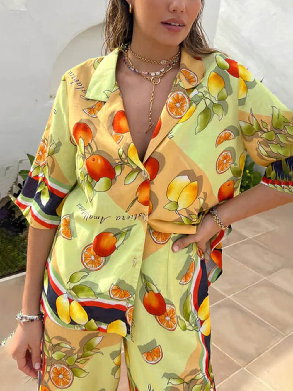 Modern Lemon Print Cardigan Single Breasted Lapel Pant Set