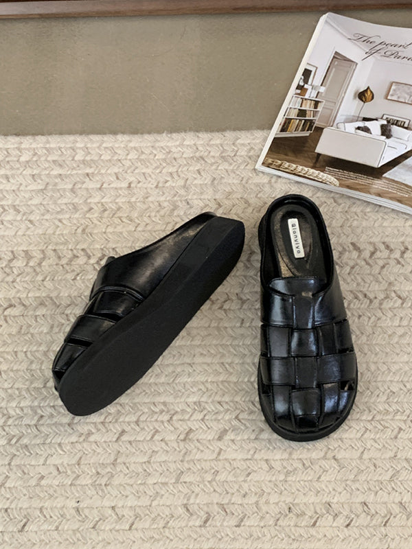 Hollow Round-Toe Split-Joint Woven Slippers&Mules Sandals