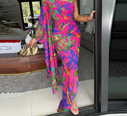 Ruffle One Shoulder Maxi Floral Dress