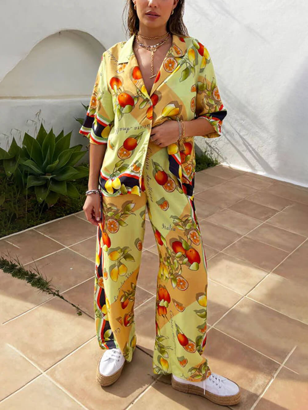 Modern Lemon Print Cardigan Single Breasted Lapel Pant Set