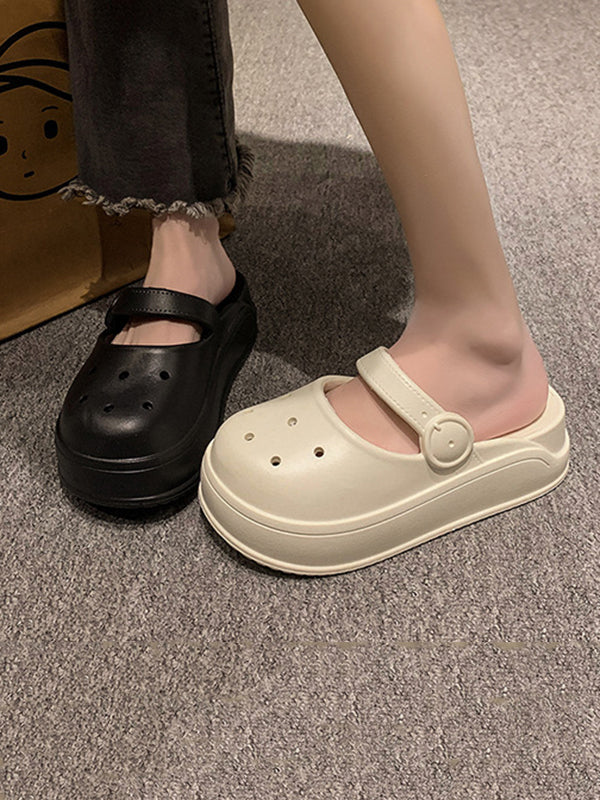 Hollow Round-Toe Solid Color Slippers Sandals