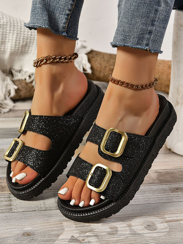 Belt Buckle Hollow Open Toe Shiny Slippers Sandals