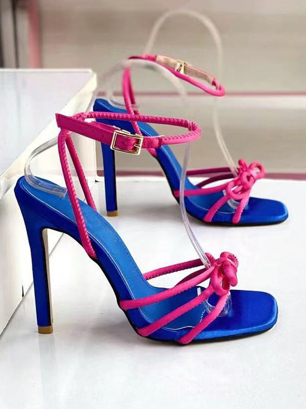 Bowknot Contrast Color Square Stilettos Pumps Sandals