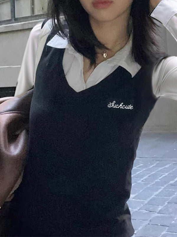 Contrast Color 90s Fake Two Piece Slim Fit Long Sleeves Shirts