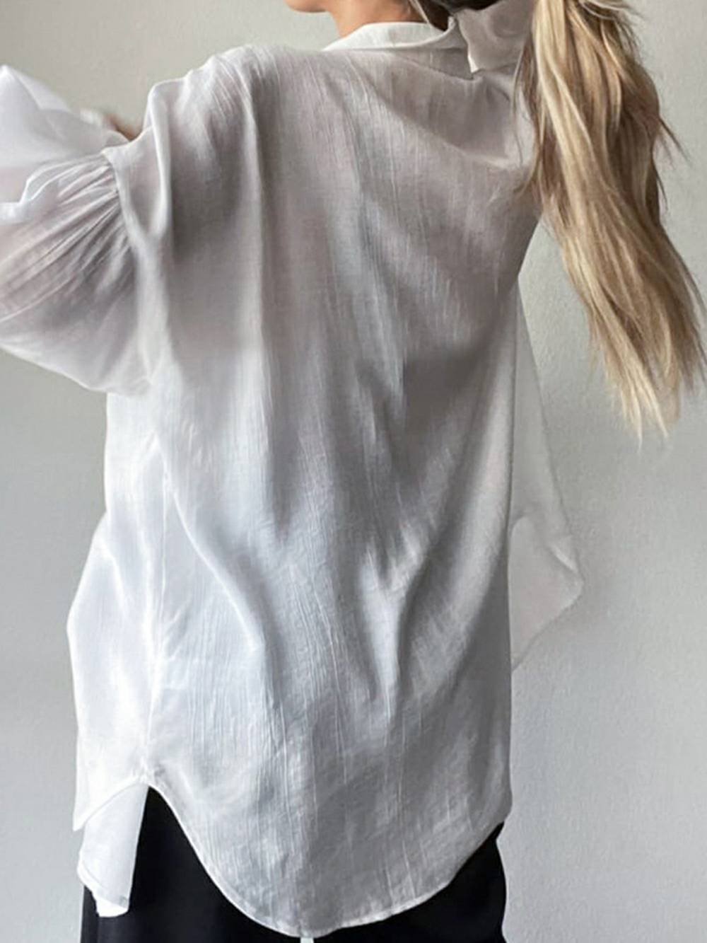 Oversized Textured Drop Shoulder Bishop Sleeve Button Up Collared Shirt