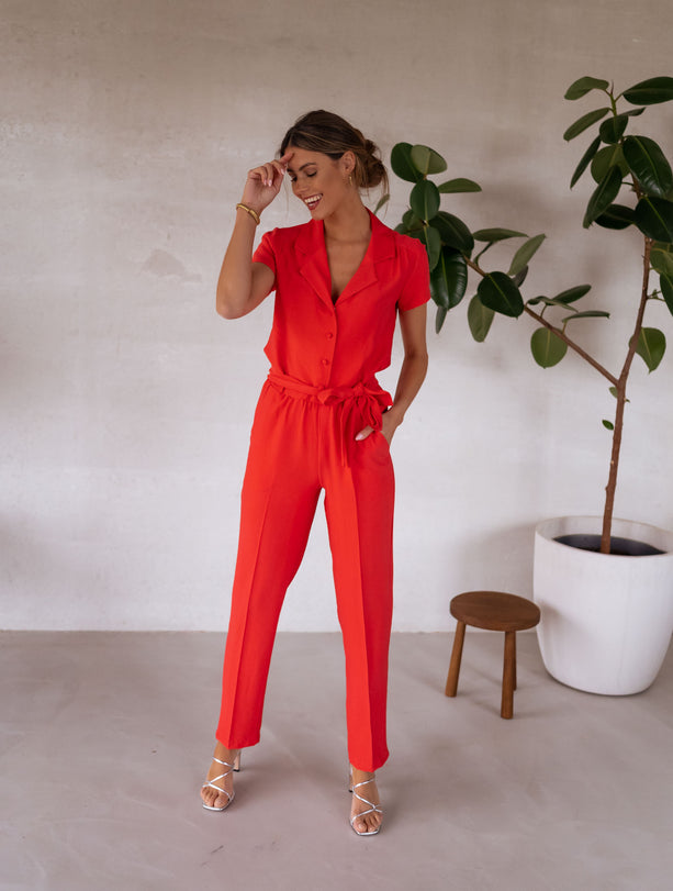 Coral Belted Button Down Jumpsuit