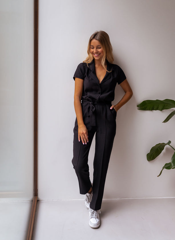 Black Belted Button Down Jumpsuit