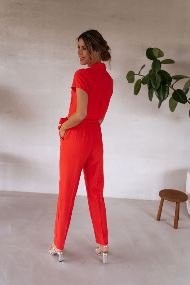 Coral Belted Button Down Jumpsuit