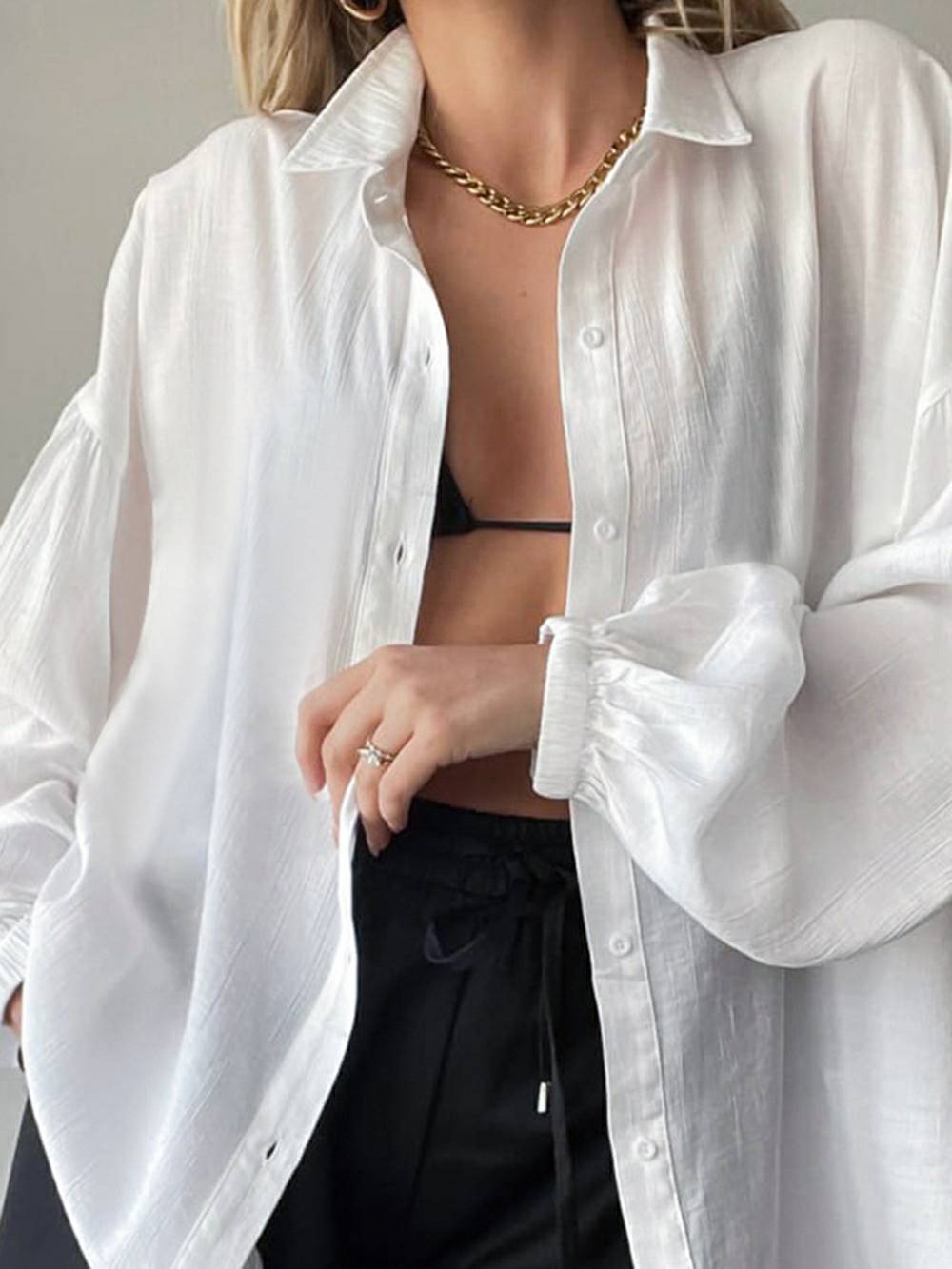 Oversized Textured Drop Shoulder Bishop Sleeve Button Up Collared Shirt