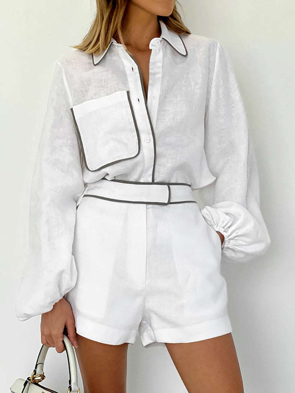 Black White Contrast Shirt Shorts Set