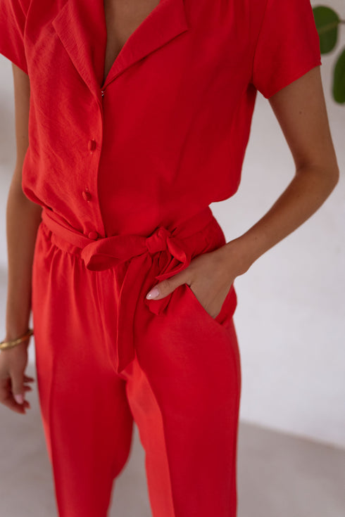 Coral Belted Button Down Jumpsuit