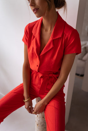 Coral Belted Button Down Jumpsuit