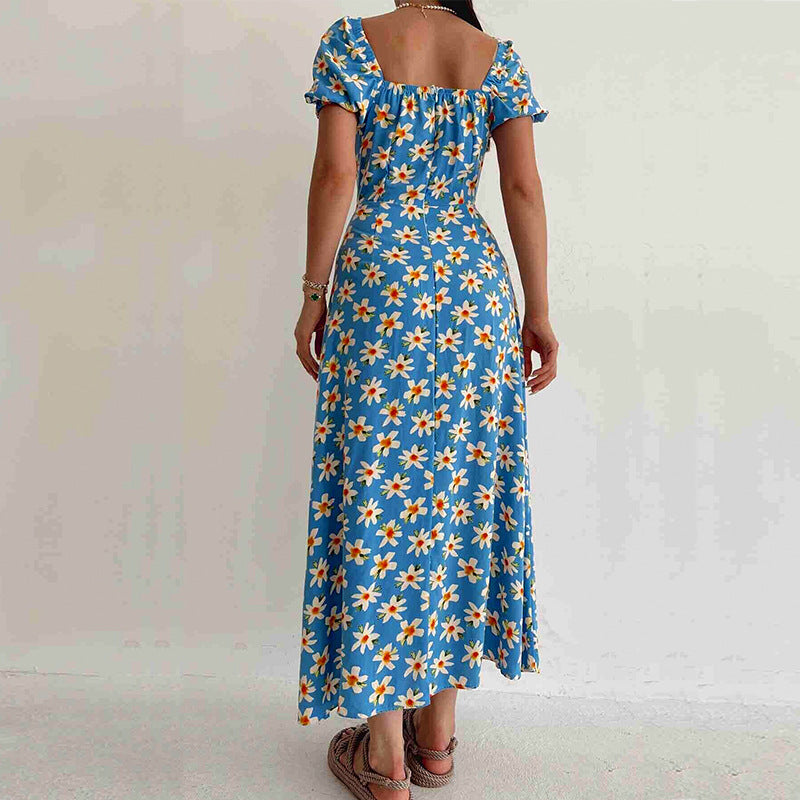 Elegant Floral Print Hem Split Dresses