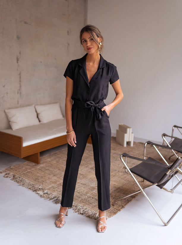 Black Belted Button Down Jumpsuit