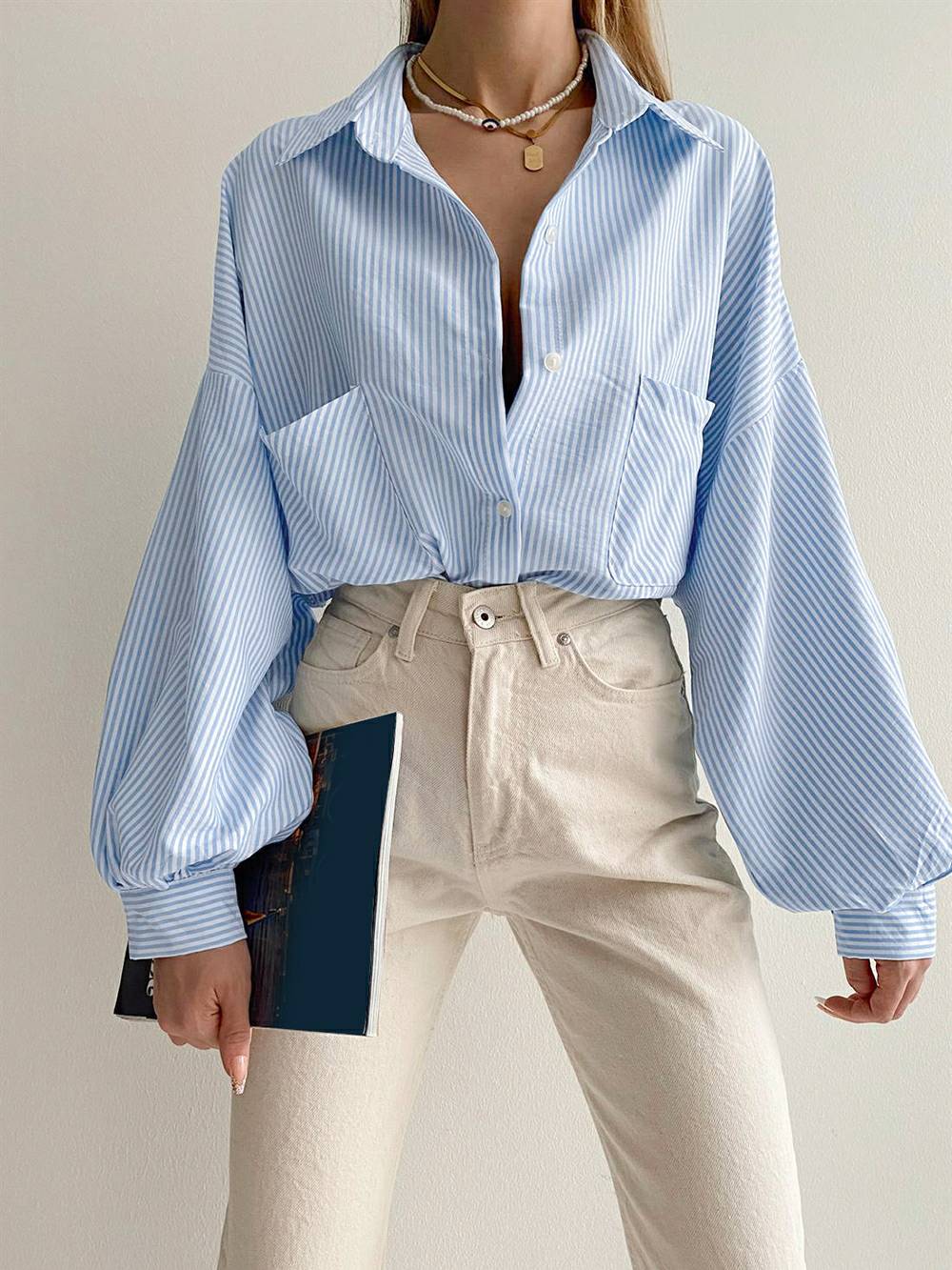 Long Puffy Sleeve Turndown Collar Pocket Striped Blouse