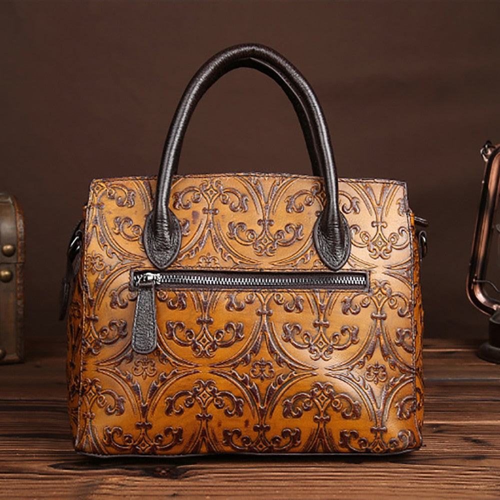 Vintage Genuine Leather Floral Handbag