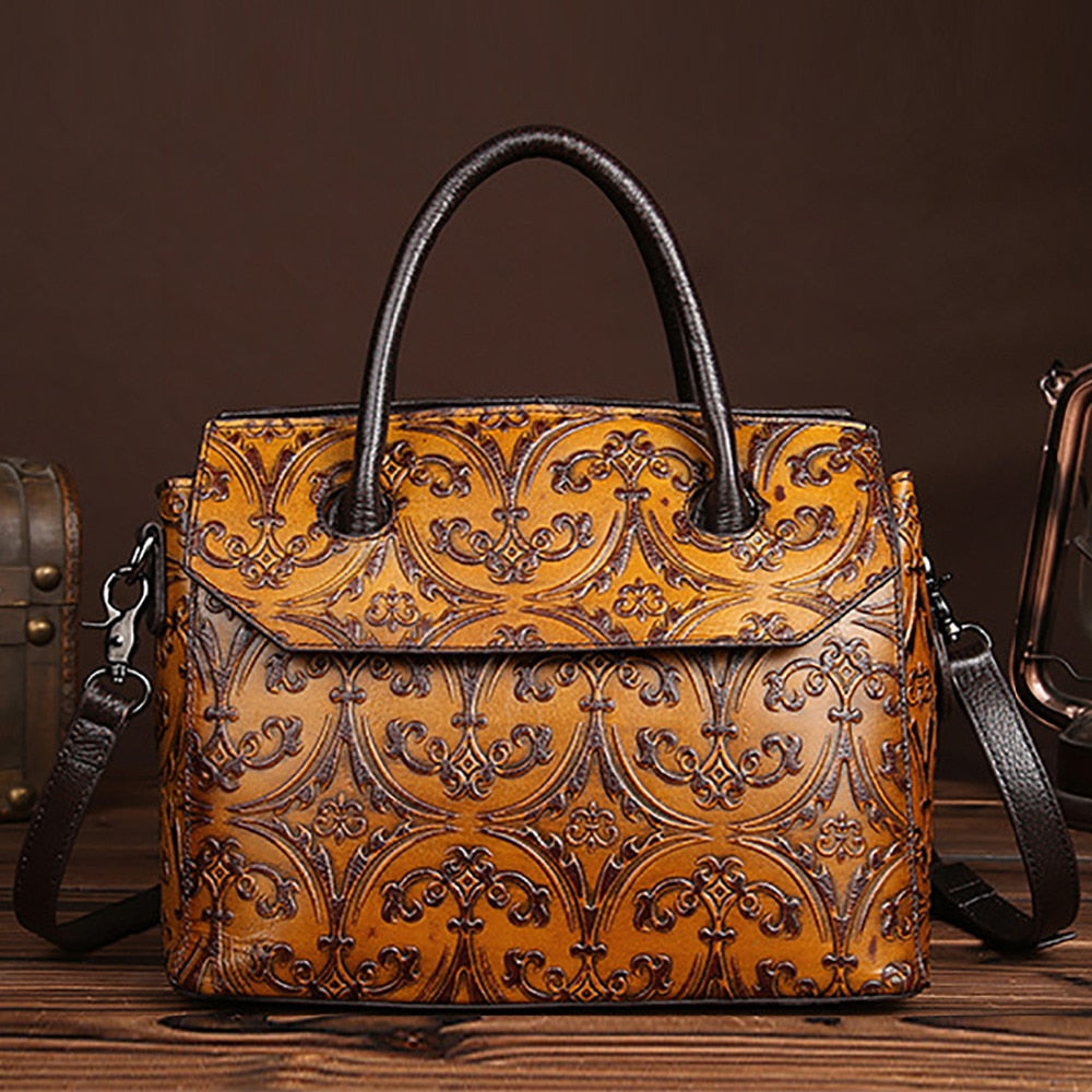 Vintage Genuine Leather Floral Handbag