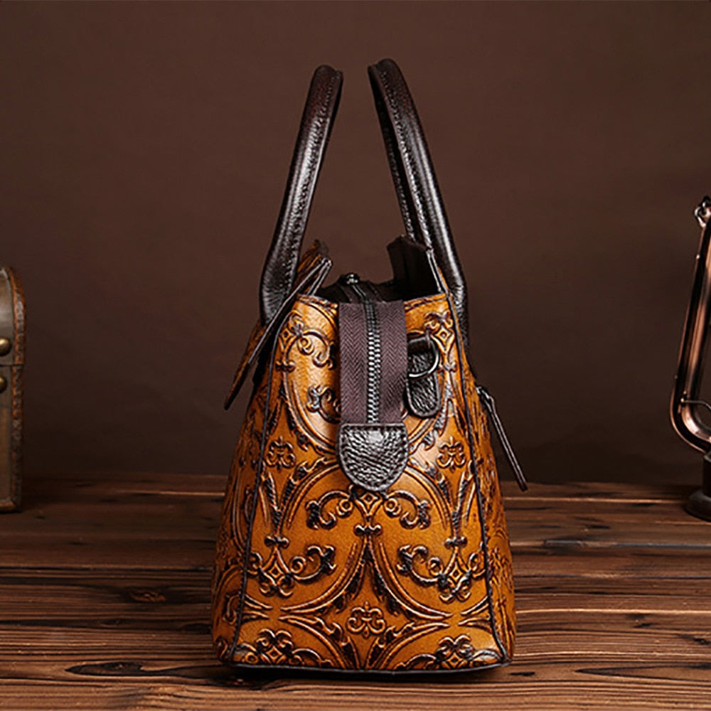 Vintage Genuine Leather Floral Handbag