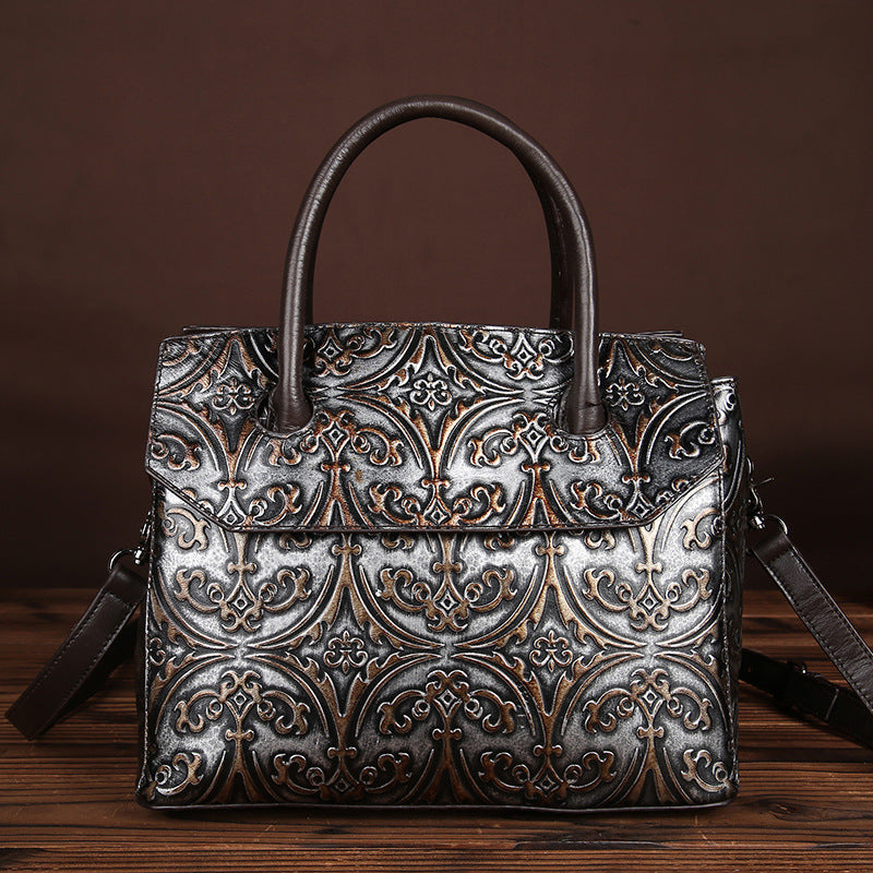 Vintage Genuine Leather Floral Handbag