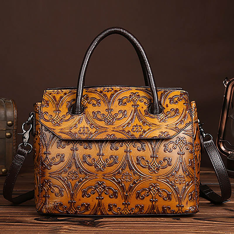 Vintage Genuine Leather Floral Handbag