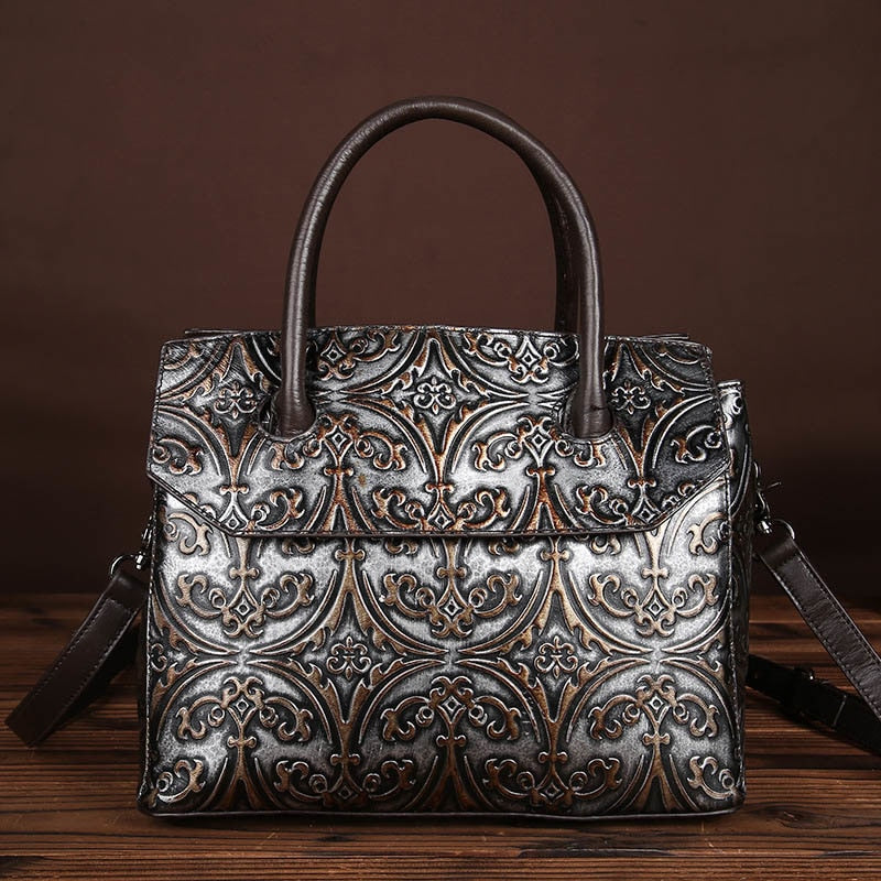 Vintage Genuine Leather Floral Handbag