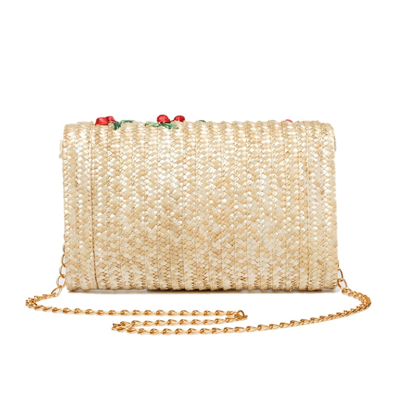 Cherry Embroidered Straw Shoulder Bag