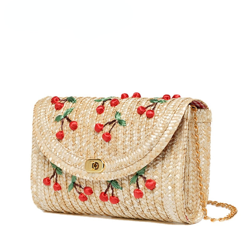 Cherry Embroidered Straw Shoulder Bag
