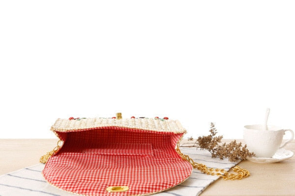 Cherry Embroidered Straw Shoulder Bag