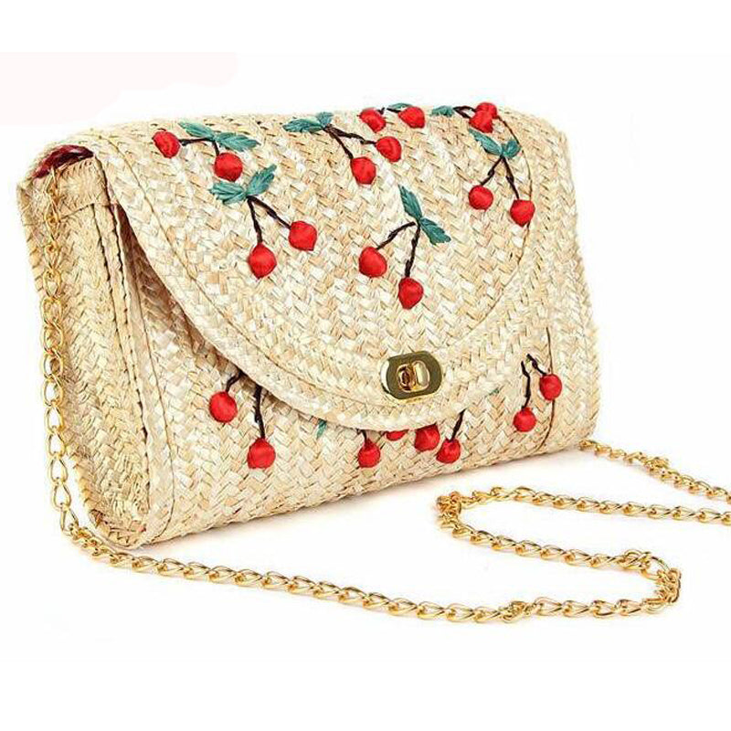 Cherry Embroidered Straw Shoulder Bag