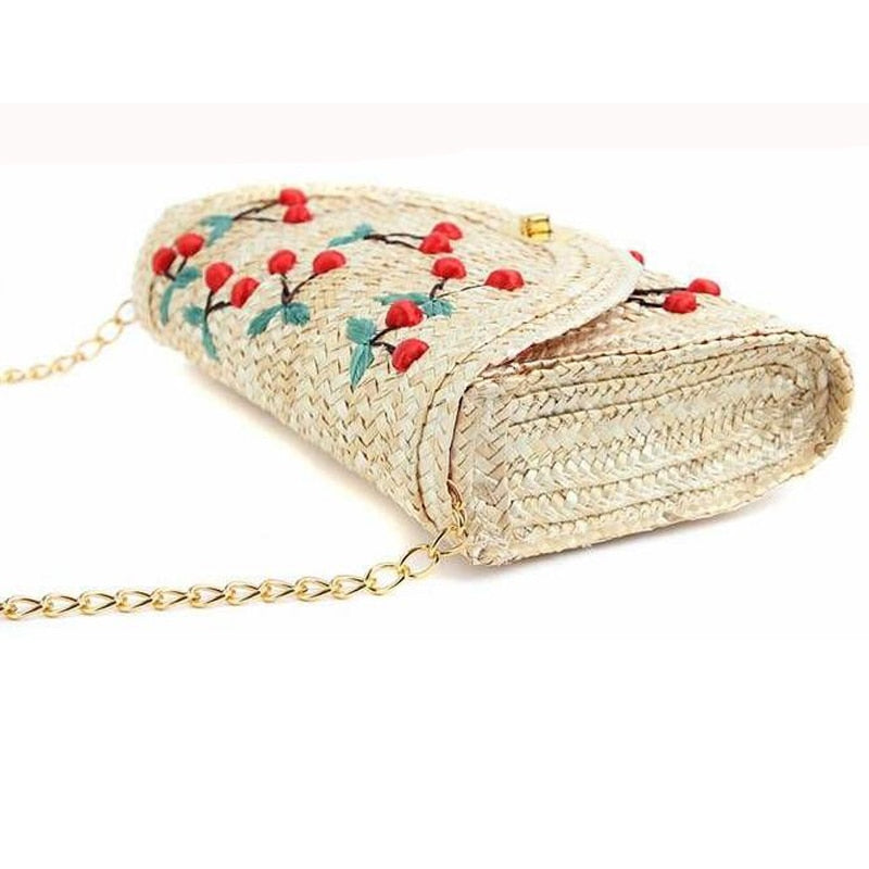 Cherry Embroidered Straw Shoulder Bag