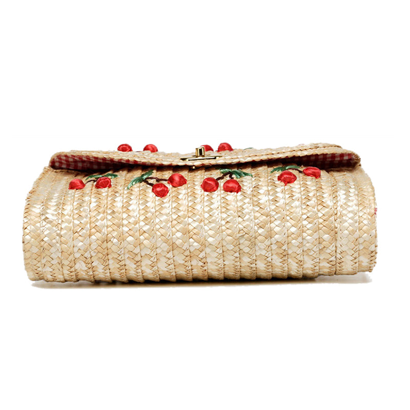 Cherry Embroidered Straw Shoulder Bag