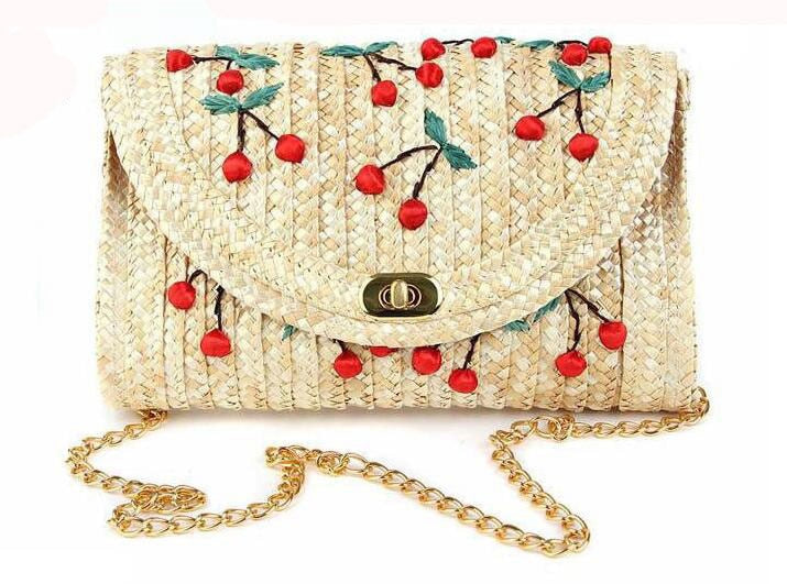 Cherry Embroidered Straw Shoulder Bag