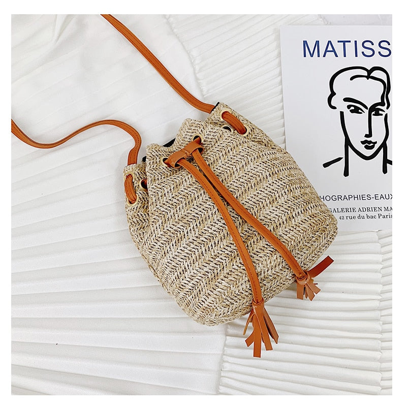 Boho Straw Bucket Bag