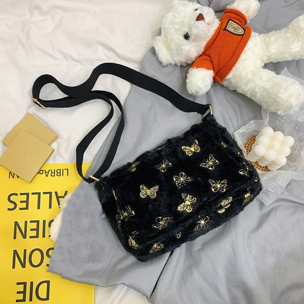 Plush Handbag with Butterfly Print